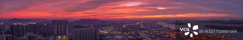 日出前，航拍广州黄埔老城区，黄埔大桥和黄埔老港全景图片素材