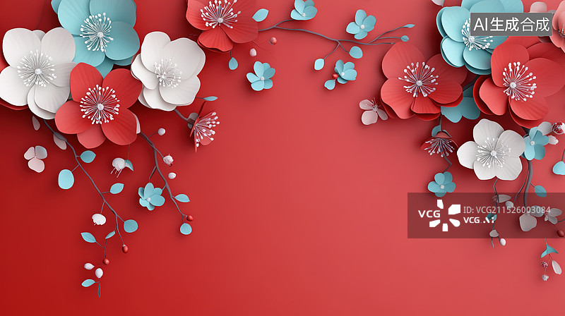 【AI数字艺术】剪纸风格红色喜庆鲜花背景图片素材
