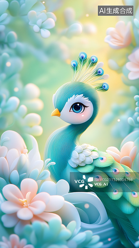 【AI数字艺术】3D卡通花丛中的美丽孔雀图片素材