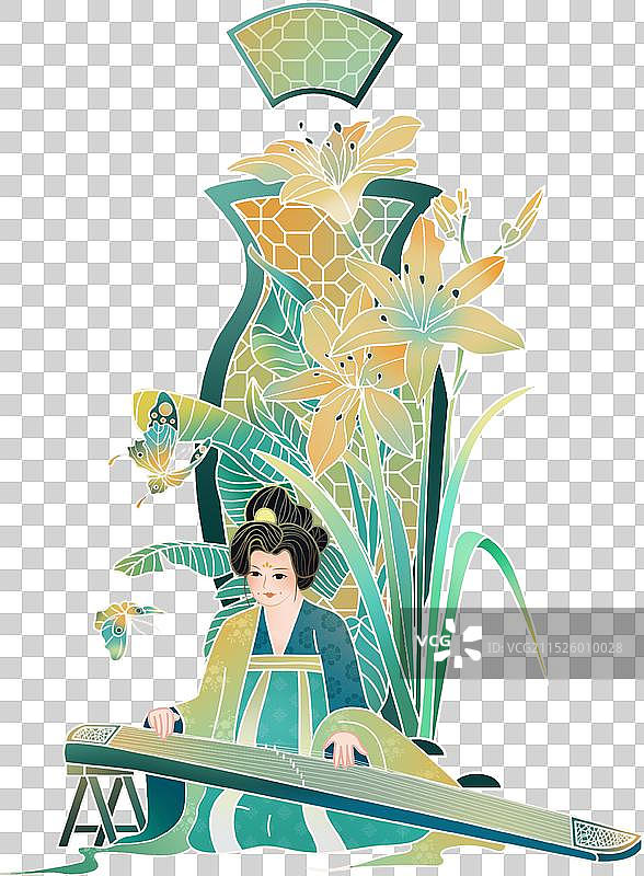 萱草古筝古风国潮风插画图片素材