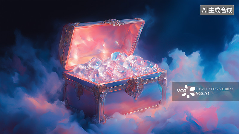 【AI数字艺术】装着干冰冰块的3D宝箱图片素材