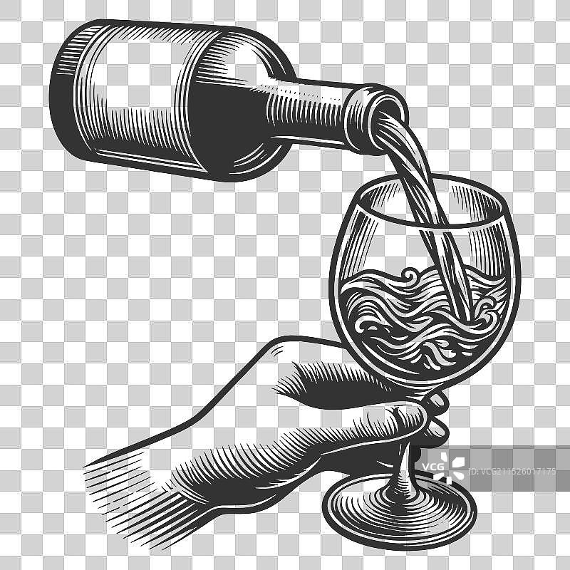 倒葡萄酒入玻璃杯雕刻图片素材