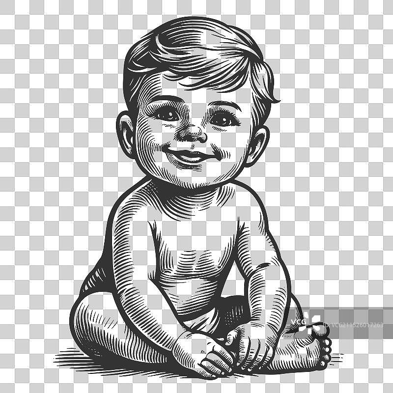 微笑的婴儿雕刻素描图片素材