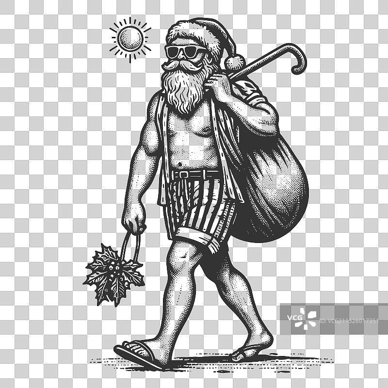 穿着沙滩装，带着礼物的圣诞老人图片素材