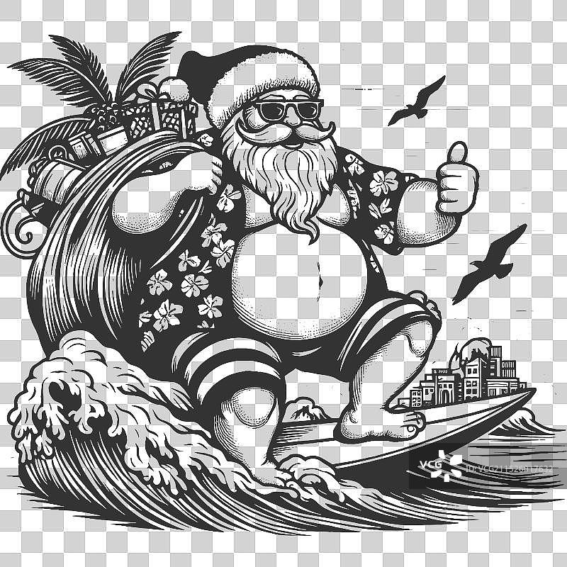 身穿夏威夷衬衫冲浪送礼物的圣诞老人图片素材