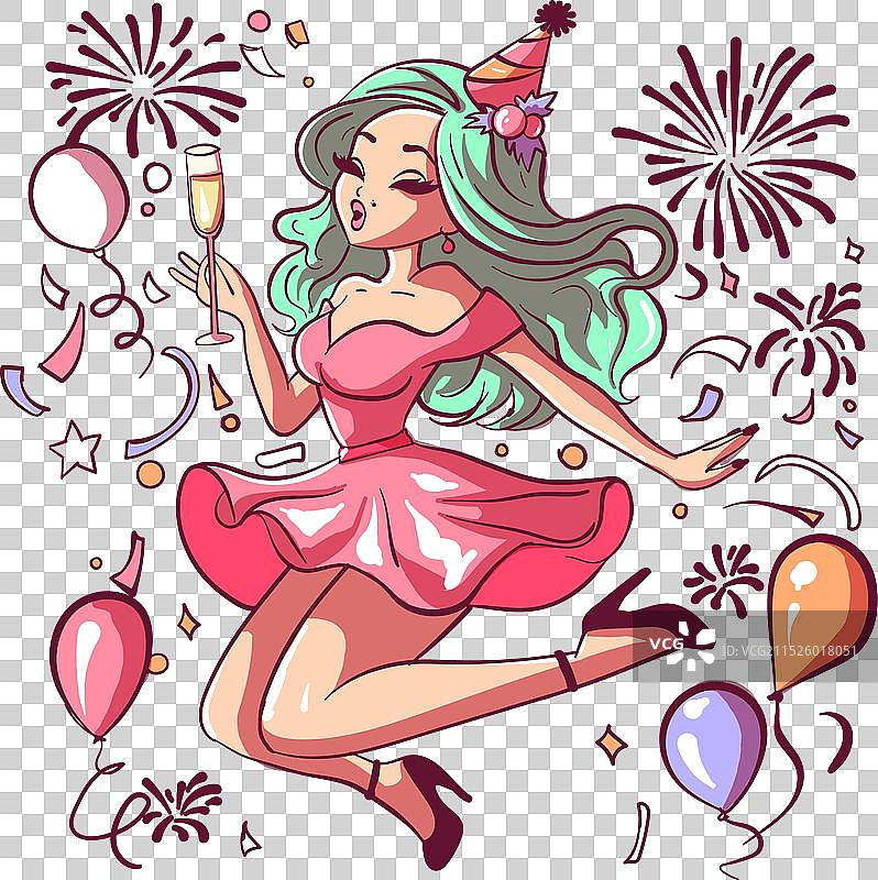 一位身穿粉色连衣裙的快乐女人图片素材