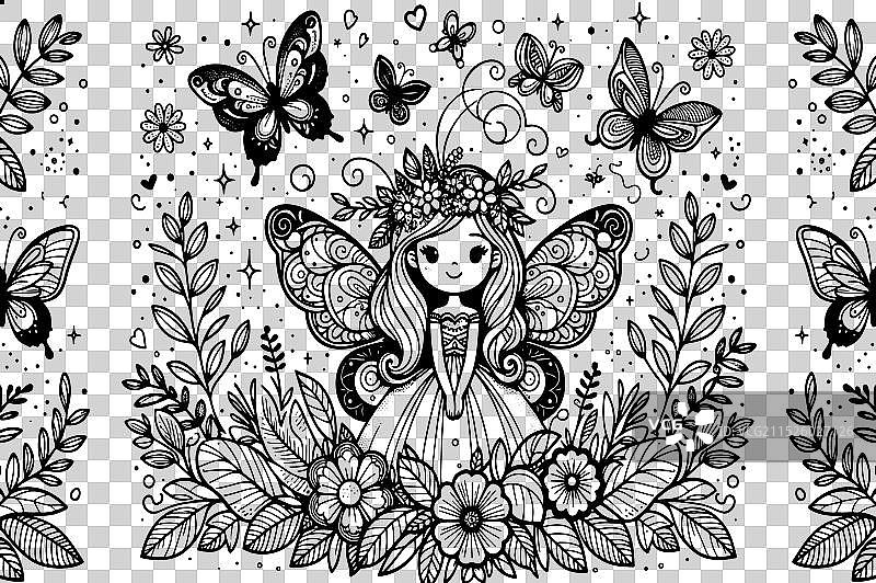 可爱的卡通小仙女可爱女孩线条艺术图片素材