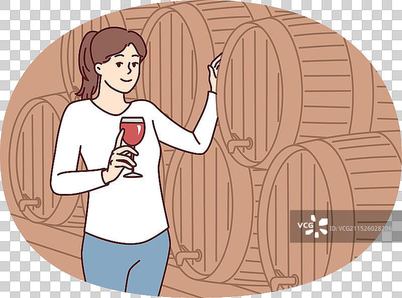站在木桶旁手持葡萄酒杯的女人图片素材
