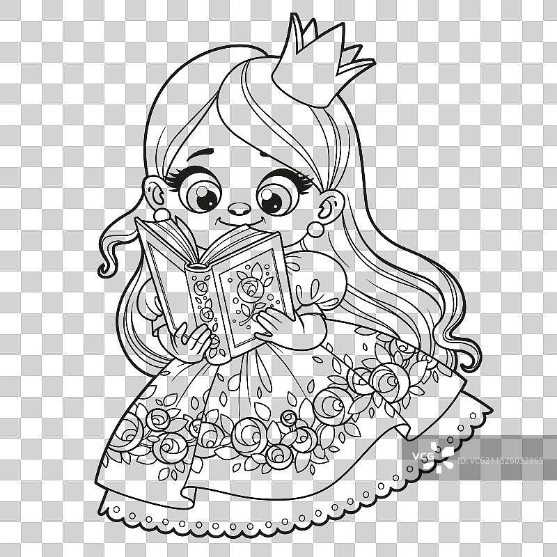 可爱卡通长发公主女孩在阅读图片素材