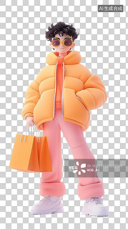 【AI数字艺术】免抠三维卡通时尚男孩购物图片素材