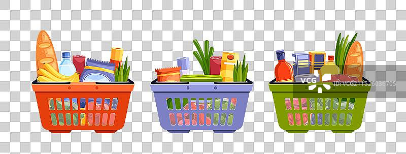 三个装满物品的彩色购物篮图片素材