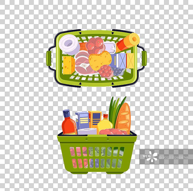 装满各种杂货的绿色购物篮图片素材