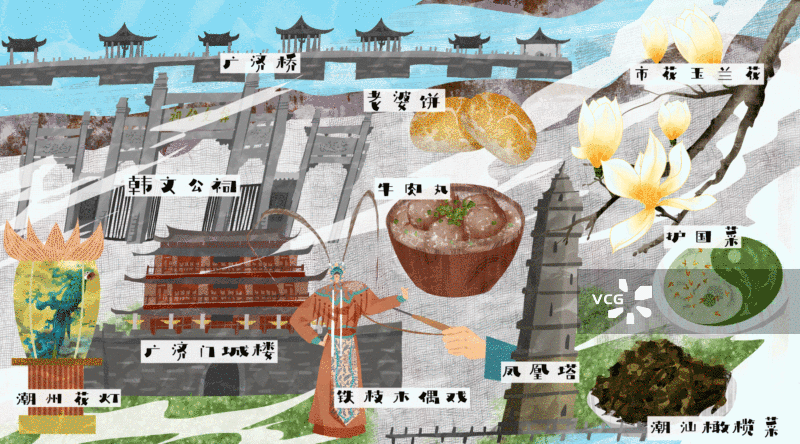 潮州市建筑人文美食插画GIF动图图片素材
