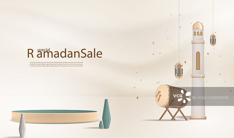 3D斋月促销背景与讲台灯笼图片素材