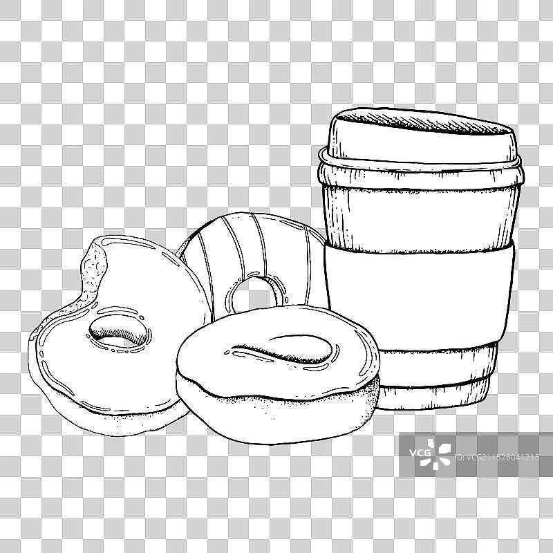 甜甜圈和咖啡外带杯黑白速写图片素材