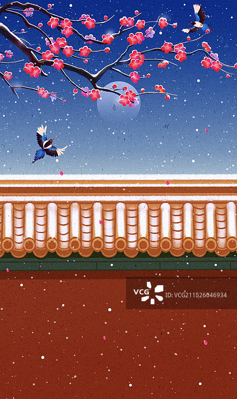 红梅花喜鹊故宫红墙冬天落雪古风插画图片素材