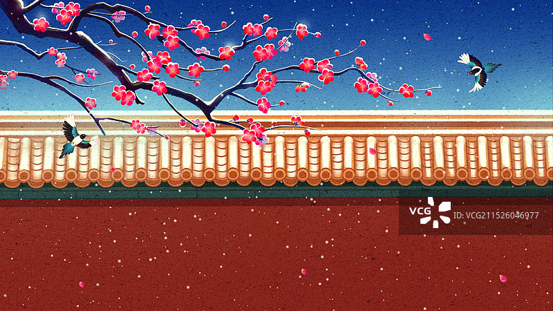 红梅花喜鹊故宫红墙冬天落雪古风插画图片素材