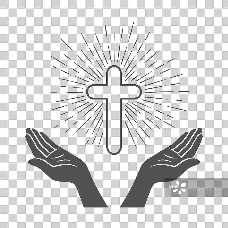 带有十字和神圣光芒的张开的手黑白照片图片素材