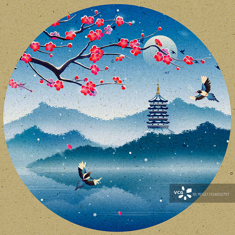 杭州西湖冬天雪花梅花古风插画图片素材