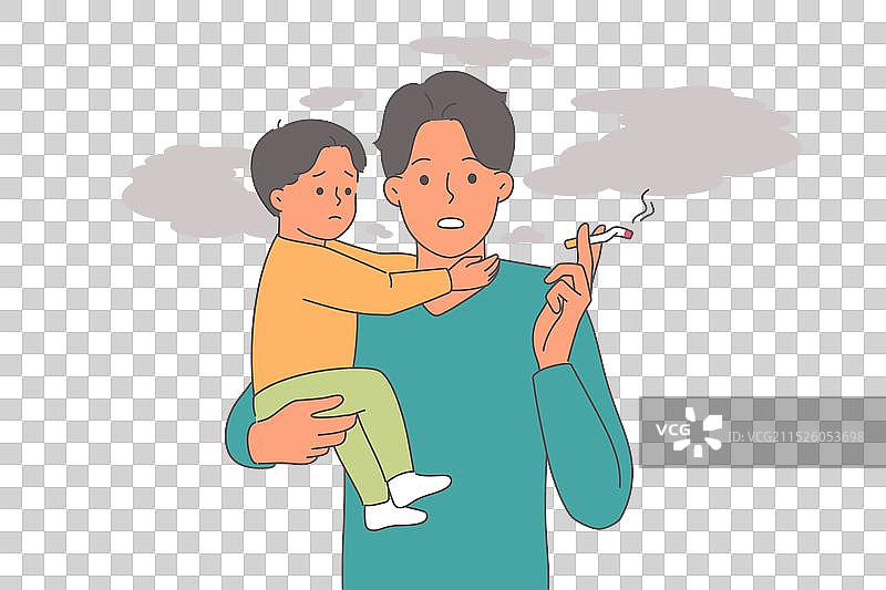 男人吸烟并抱着小儿子图片素材