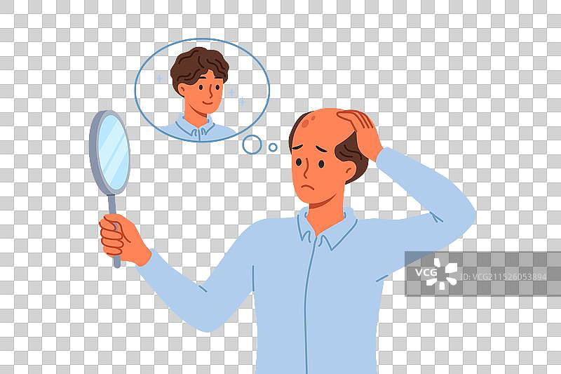 男人照镜子时的脱发问题图片素材