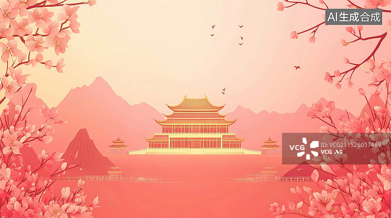 【AI数字艺术】中国红古建筑，国风剪纸艺术图片素材
