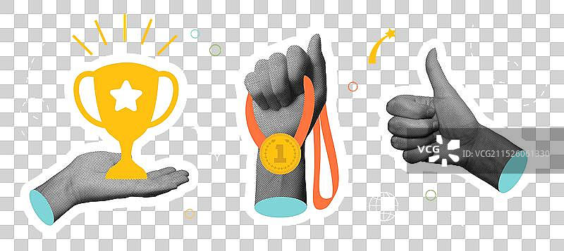 复古拼贴半色调手奖杯奖牌图片素材