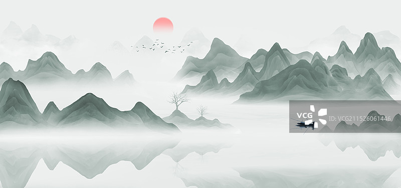 蓝色山水画背景插画图片素材