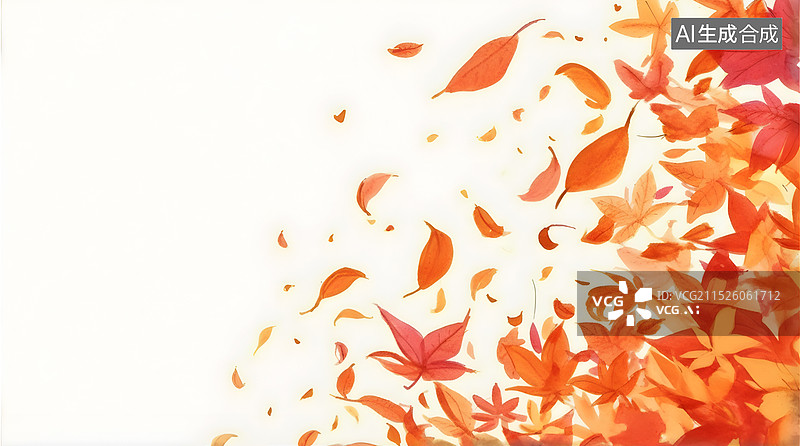 【AI数字艺术】秋季背景，白色背景水彩风格的金色和橙色叶子,在空中飞舞的树叶图片素材