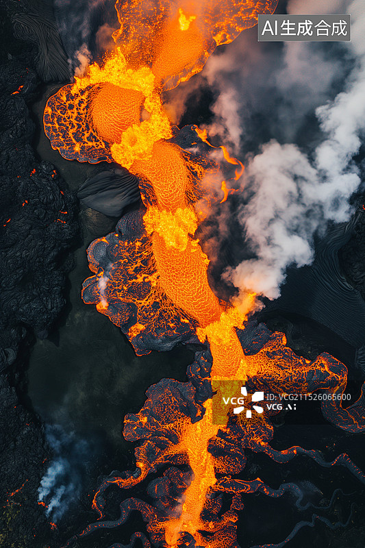【AI数字艺术】航拍的火山爆发岩浆流动图片素材