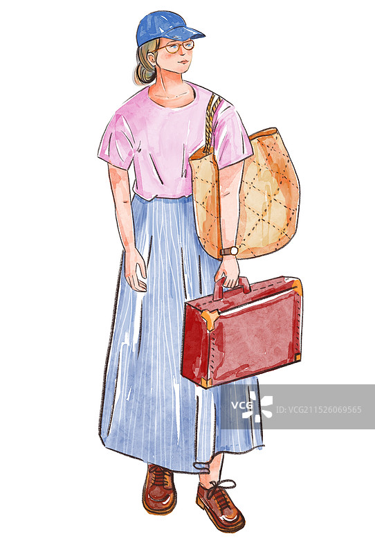 英伦风女孩，旅行类水彩插画，人物插画，手绘水彩图片素材