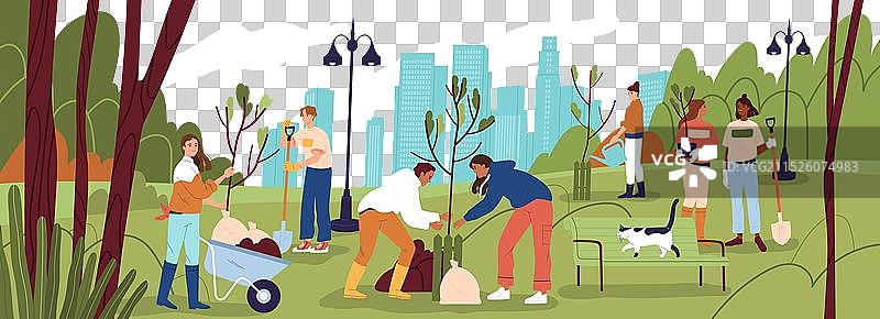 人们在城市公园里植树图片素材