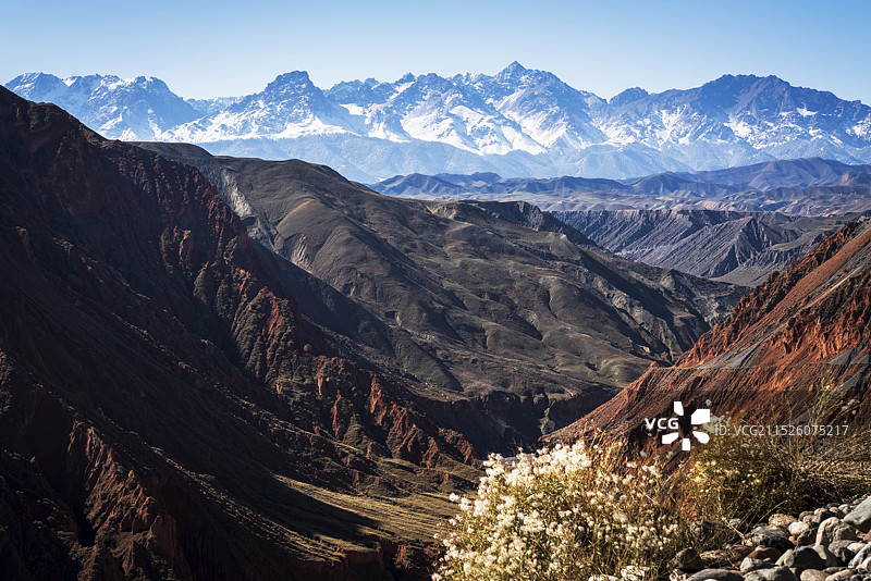 新疆塔城地区安集海大峡谷，一条褐红色的幽深峡谷，绵延不绝伸向远处的雪山图片素材