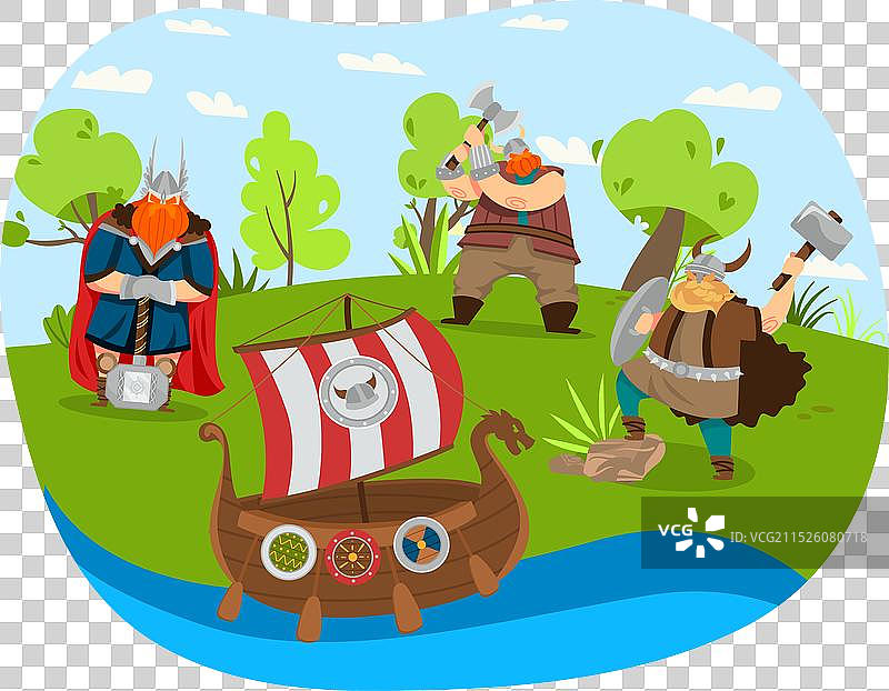 河岸附近的三名卡通维京人和龙头战舰图片素材