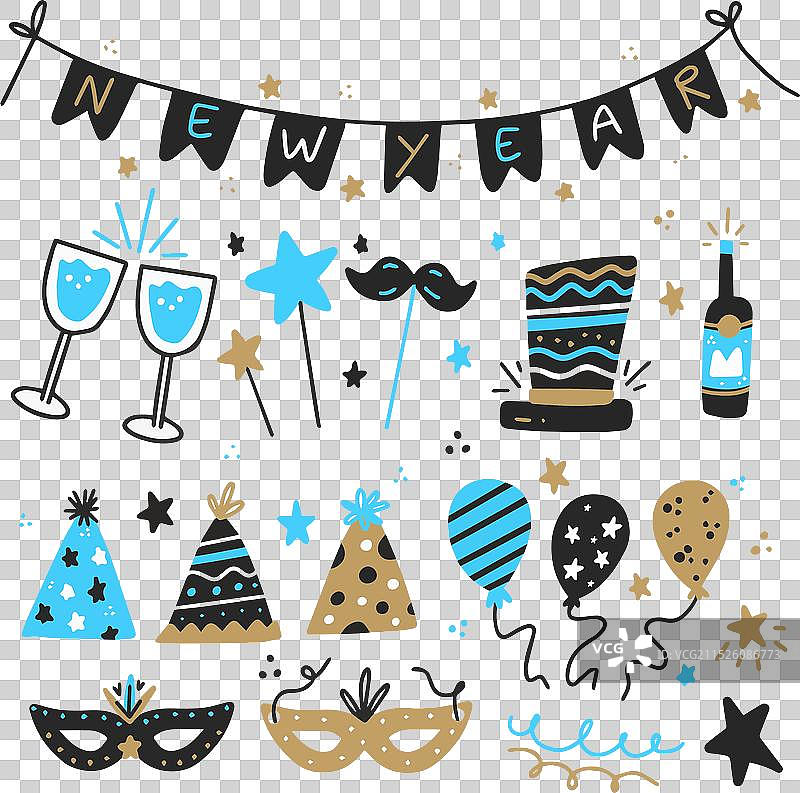 手绘新年派对元素合集图片素材