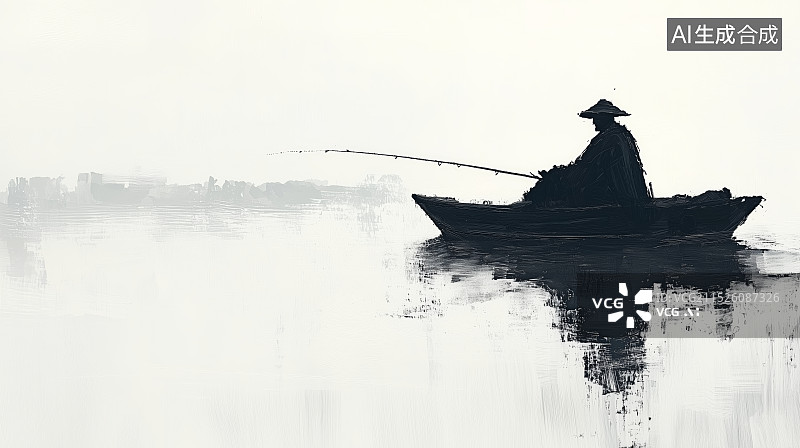 【AI数字艺术】中国风水墨画孤舟上垂钓古诗《江雪》孤舟蓑笠翁独钓寒江雪插画图片素材