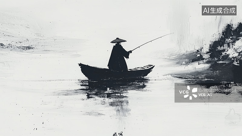 【AI数字艺术】中国风水墨画孤舟上垂钓古诗《江雪》孤舟蓑笠翁独钓寒江雪插画图片素材
