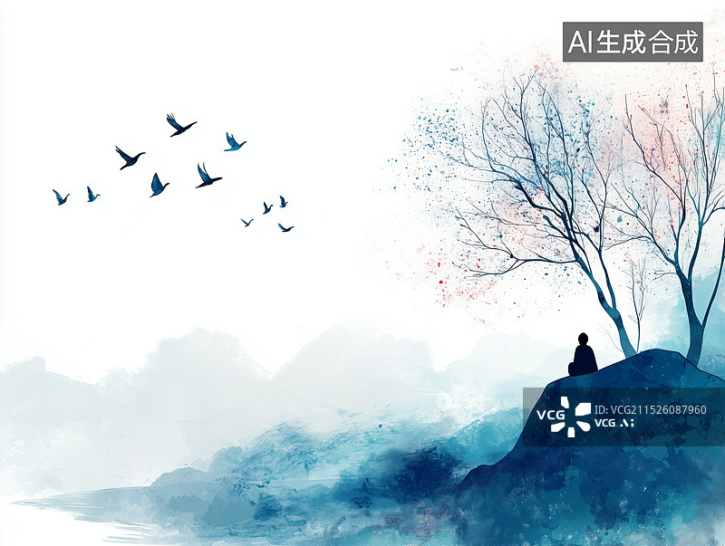 【AI数字艺术】中国风春天风景画古诗《春晓》春眠不觉晓处处闻啼鸟图片素材