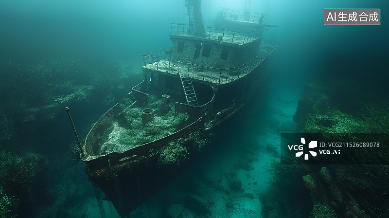 【AI数字艺术】海底一艘生锈的沉船图片素材
