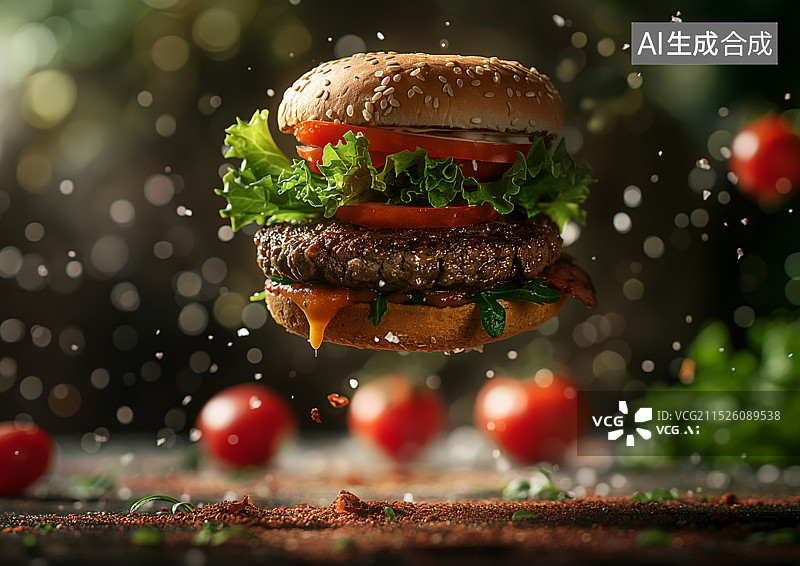 【AI数字艺术】飞散在空中的一个肉饼汉堡图片素材
