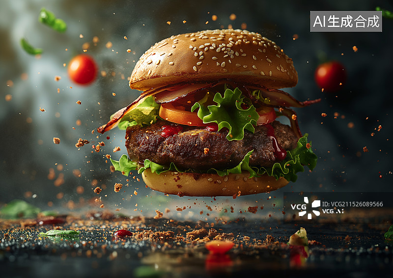 【AI数字艺术】飞散在空中的一个肉饼汉堡图片素材