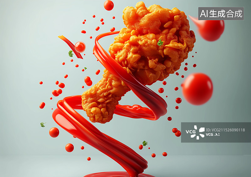 【AI数字艺术】空中的一只包裹茄汁的炸鸡腿图片素材
