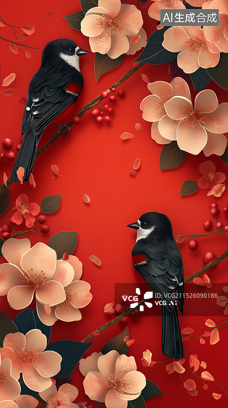 【AI数字艺术】剪纸风格插画树枝上两只小鸟图片素材