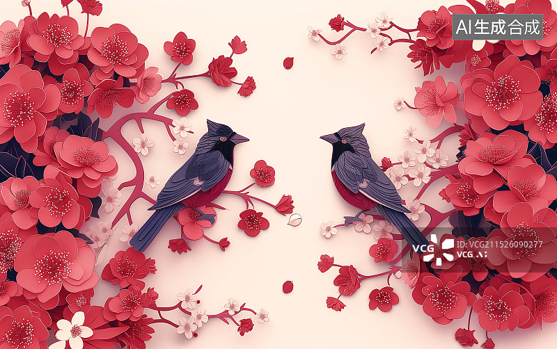 【AI数字艺术】剪纸风格插画树枝上两只小鸟图片素材