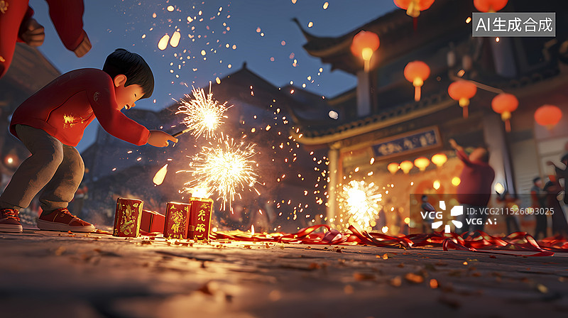 【AI数字艺术】中国传统新年春节放鞭炮插画海报背景图片素材