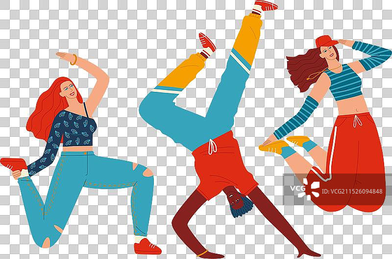 三位年轻人在色彩鲜艳的背景中跳嘻哈舞图片素材