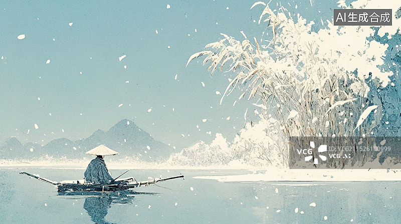 【AI数字艺术】孤舟蓑笠翁独钓寒江雪插画背景图片素材