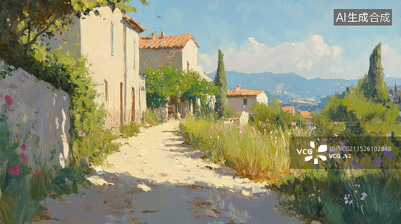 【AI数字艺术】欧洲城镇街道花朵植物装饰的油画风格笔触白天美好风景插画背景图片素材