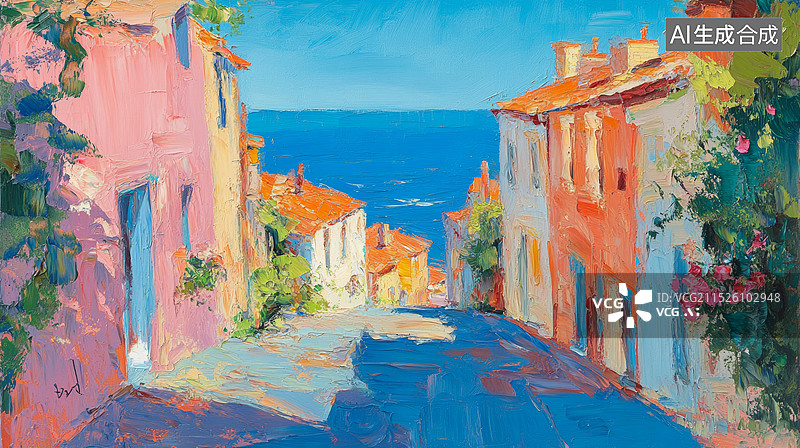 【AI数字艺术】欧洲城镇街道花朵植物装饰的海边油画风格质感笔触白天美好风景插画背景图片素材
