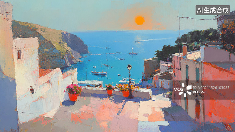 【AI数字艺术】欧洲城镇街道花朵植物装饰的海边油画风格质感笔触朝阳美好风景插画背景图片素材